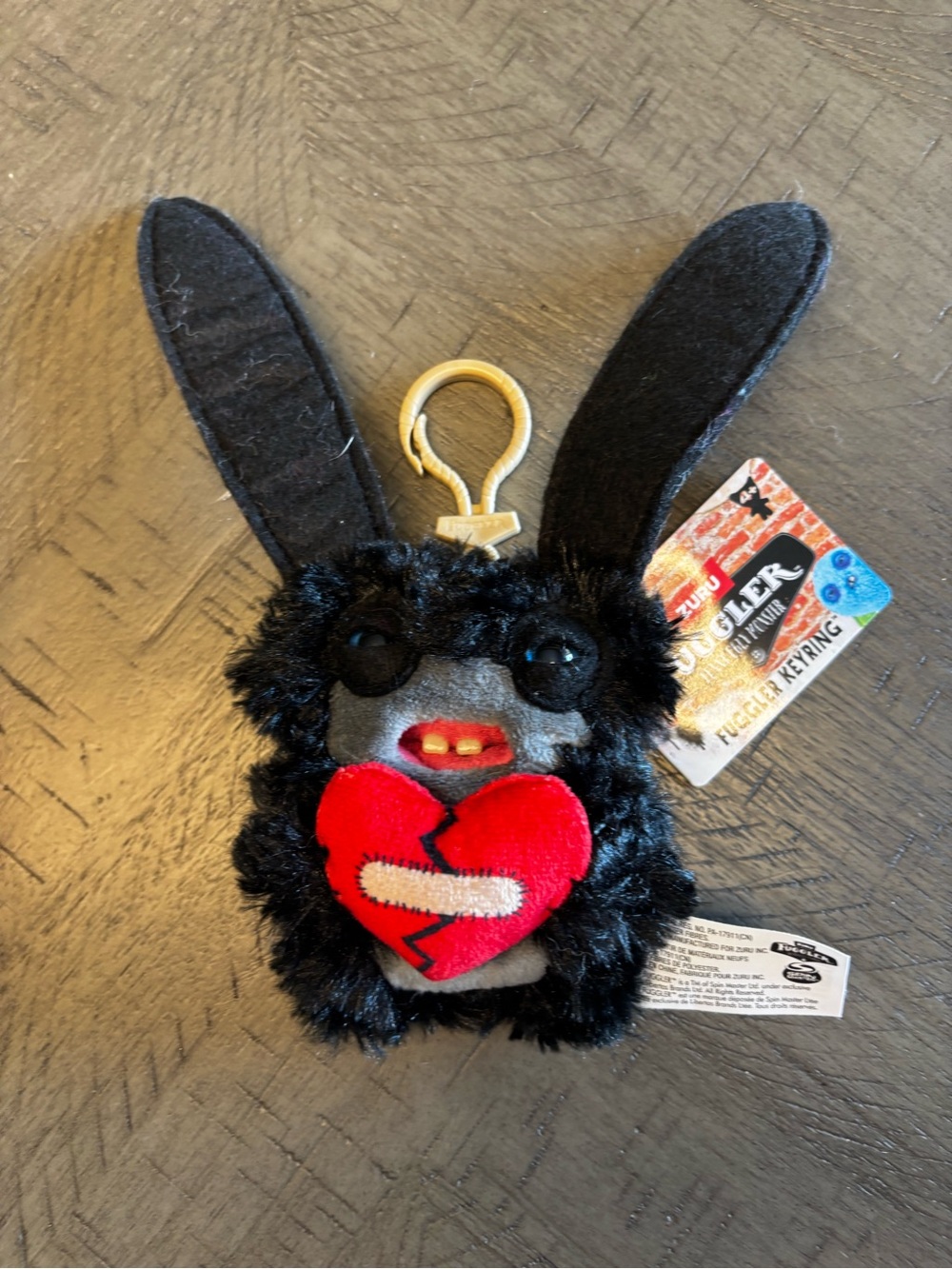 Fuggler broken heart Plush Black Bunny Keyring with Red Heart